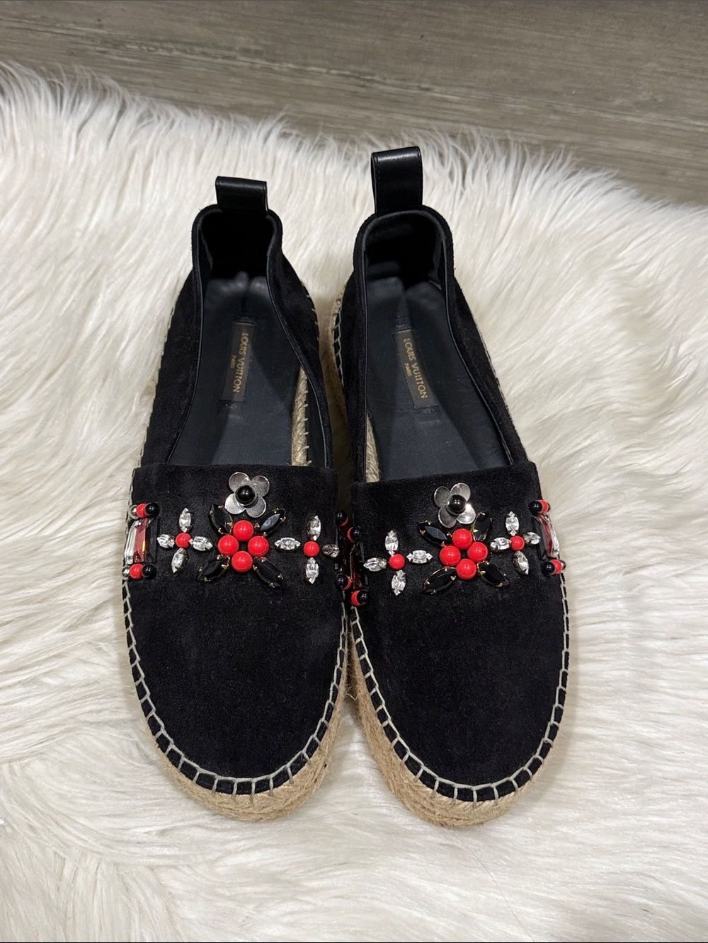 LOUIS VUITTON Front Pier Black Suede Crystal Embellished Espadrilles